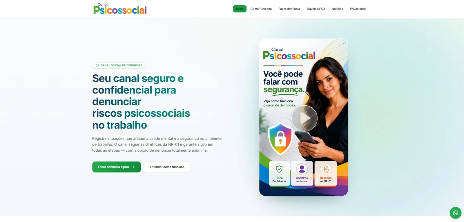 Página inicial do Canal Psicossocial