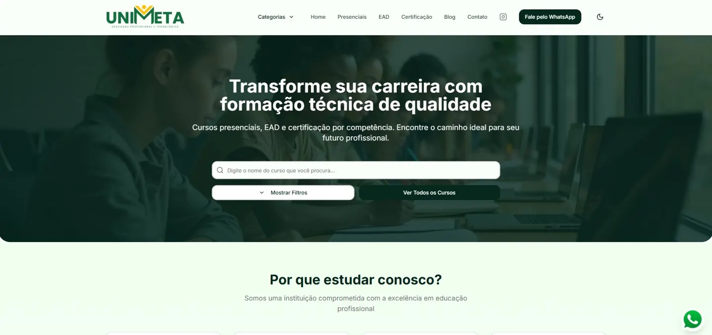 Página inicial da Unimeta Cursos